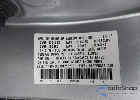 2013 Honda Accord Ex-L from USA, damaged, VIN 1HGCR2F87DA253233
